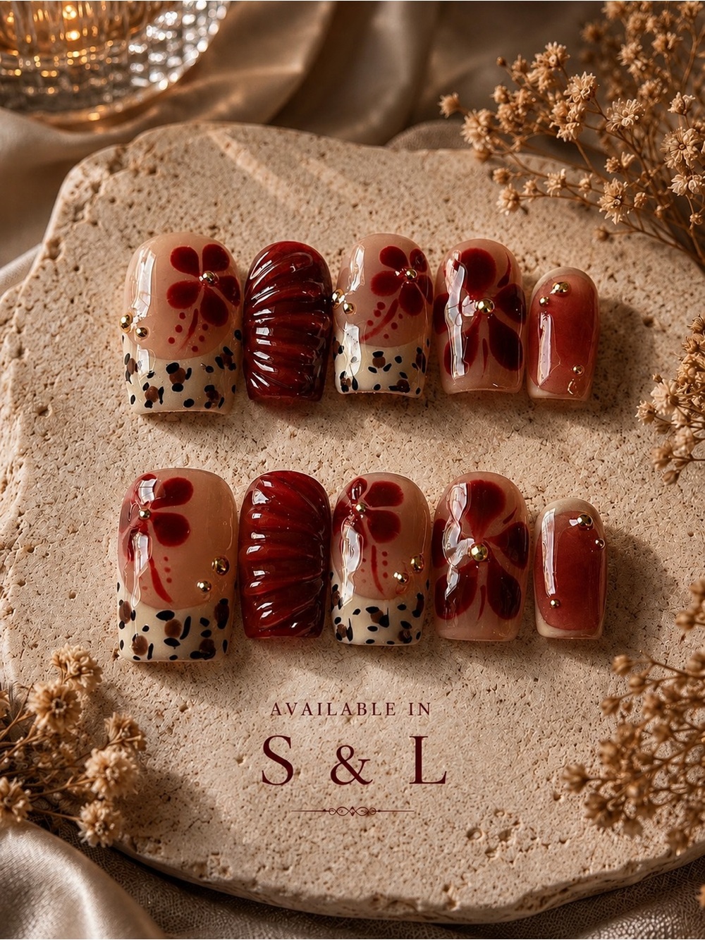 Hand-Painted Burgundy Floral Press-On Nails -